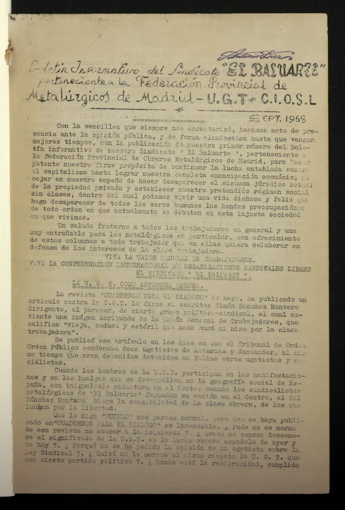 Miniatura de Boletín Informativo del Sindicato "El Baluarte", perteneciente a la Federación Provincial de Metalúrgicos de Madrid.