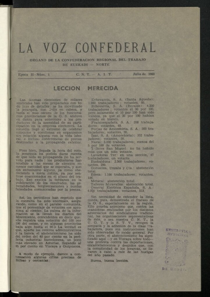 Miniatura de La Voz Confederal : Organo de la Confederación Regional del Trabajo de Euzkadi-Norte. C.N.T.-A.I.T.