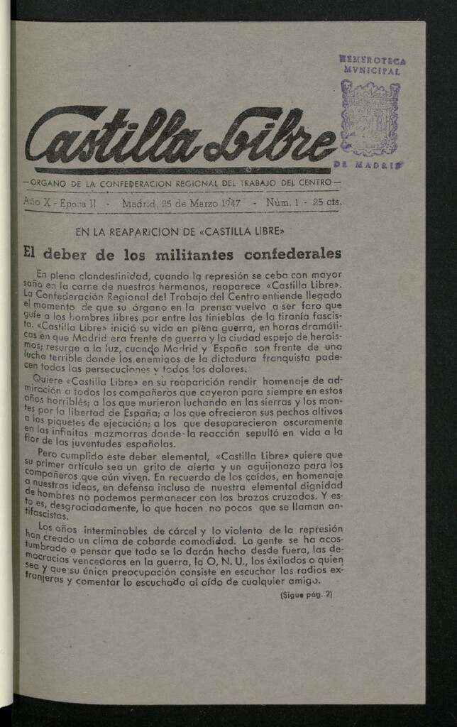 Miniatura de Castilla Libre : órgano de la Confederación Regional del trabajo del centro.