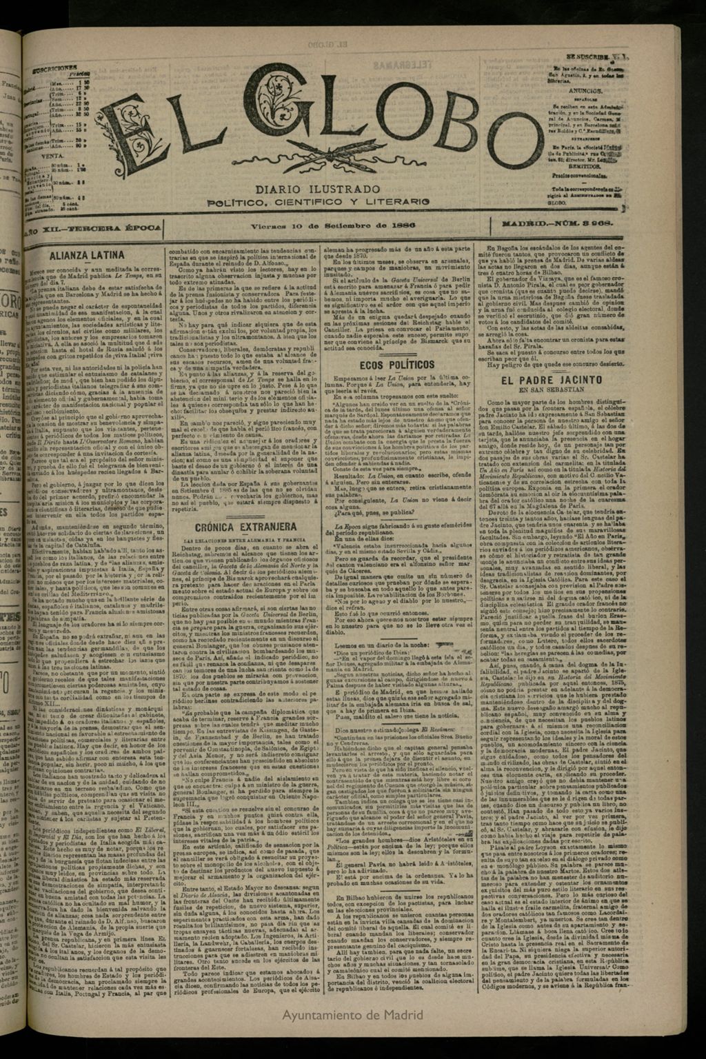 Miniatura de El Globo : diario ilustrado del 10 de septiembre de 1886, nº 3968