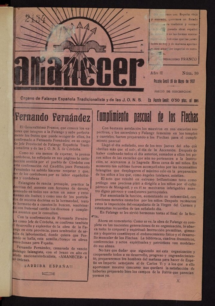 Miniatura de Amanecer : órgano de la Falange Tradicionalista y de las J.O.N.S.