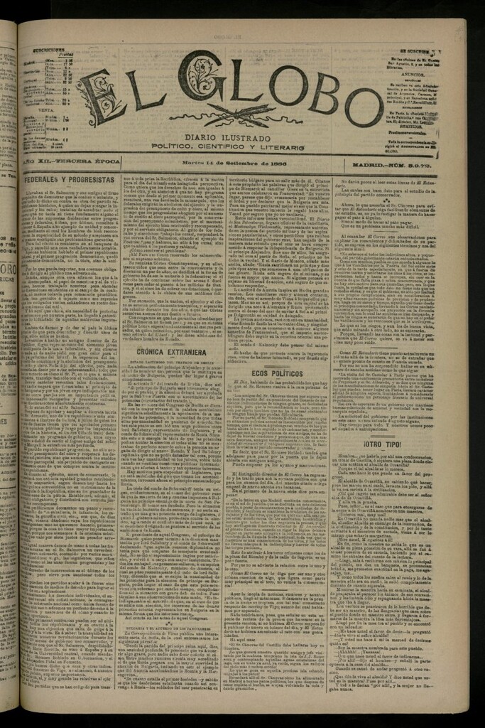 Miniatura de El Globo : diario ilustrado del 14 de septiembre de 1886, nº 3972