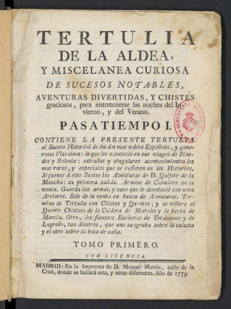 Miniatura de Tertulia de la aldea y miscelanea curiosa de sucesos notables, aventuras divertidas, y chistes graciosos, para entretenerse las noches del Invierno, y del Verano