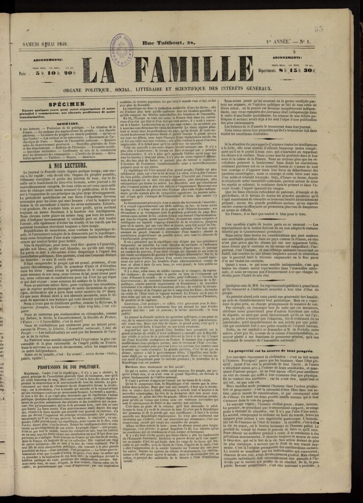 Miniatura de La Famille : organe politique, social, littéraire et scientifique des intérêts généraux