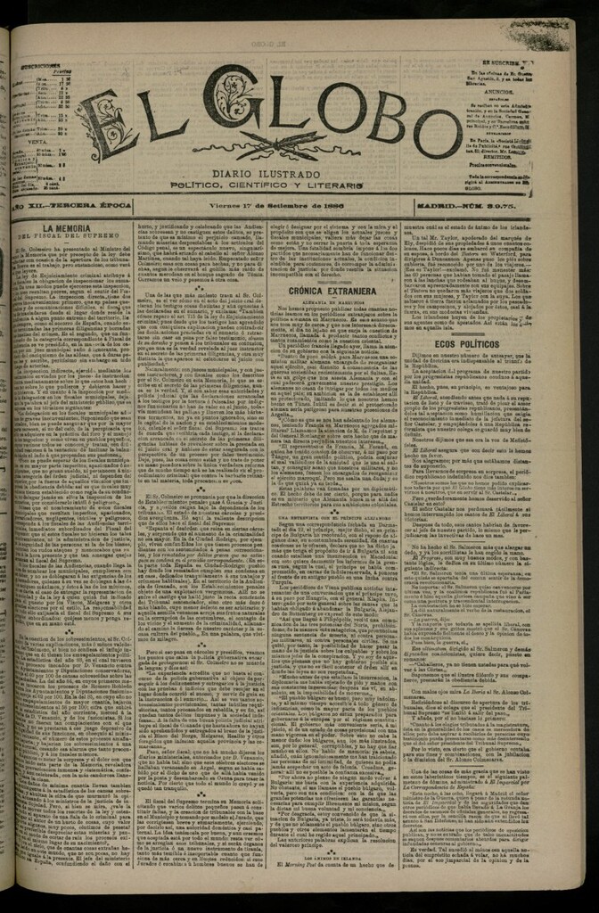 Miniatura de El Globo : diario ilustrado del 17 de septiembre de 1886, nº 3975