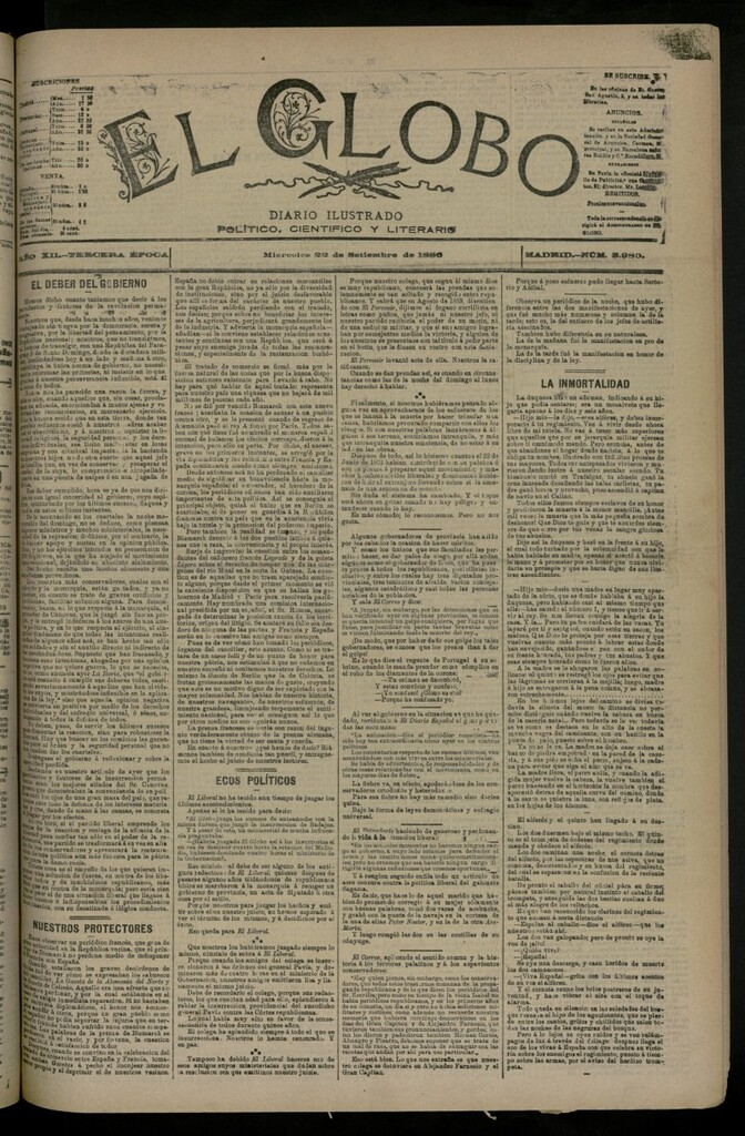 Miniatura de El Globo : diario ilustrado del 22 de septiembre de 1886, nº 3980