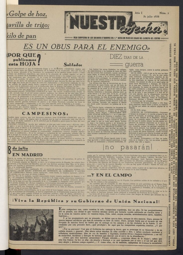 Miniatura de Nuestra cosecha: hoja campesina de los soldados-segadores del 1er Batallón Mixto de Enlace del Centro