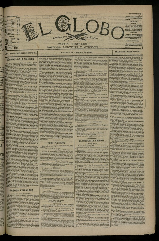 Miniatura de El Globo : diario ilustrado del 7 de octubre de 1886, nº 3995