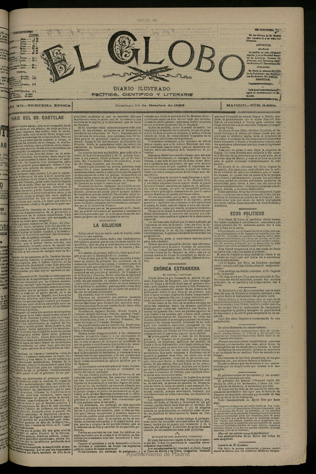 Miniatura de El Globo : diario ilustrado del 10 de octubre de 1886, nº 3998