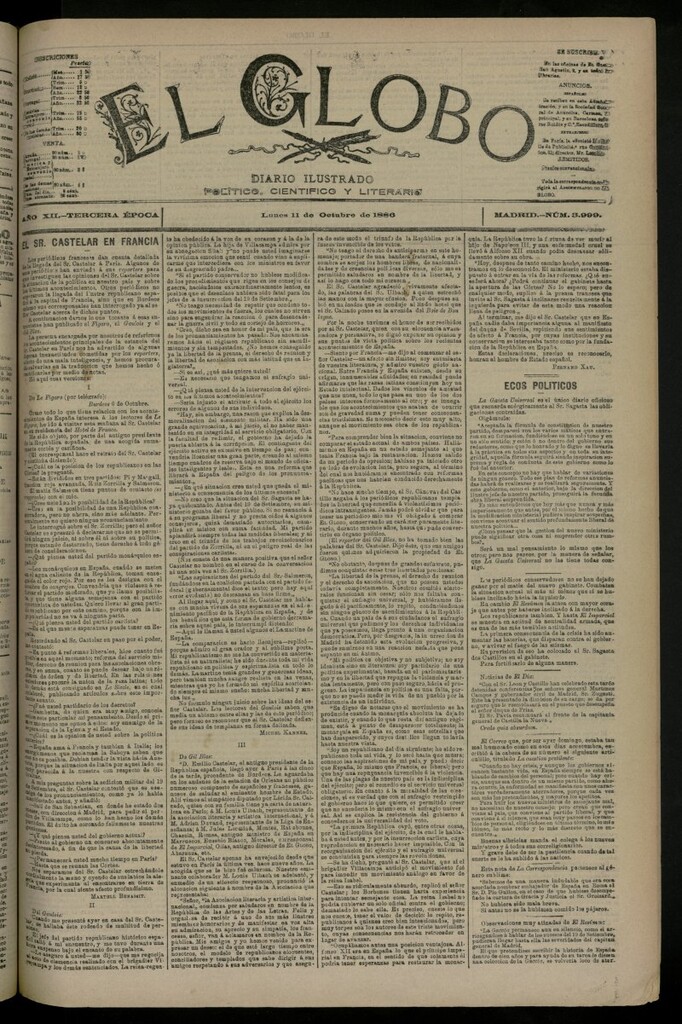 Miniatura de El Globo : diario ilustrado del 11 de octubre de 1886, nº 3999