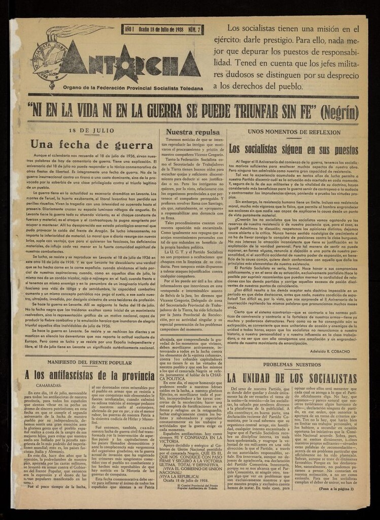 Miniatura de Antorcha: Organo de la Federación Provincial Socialista Toledana