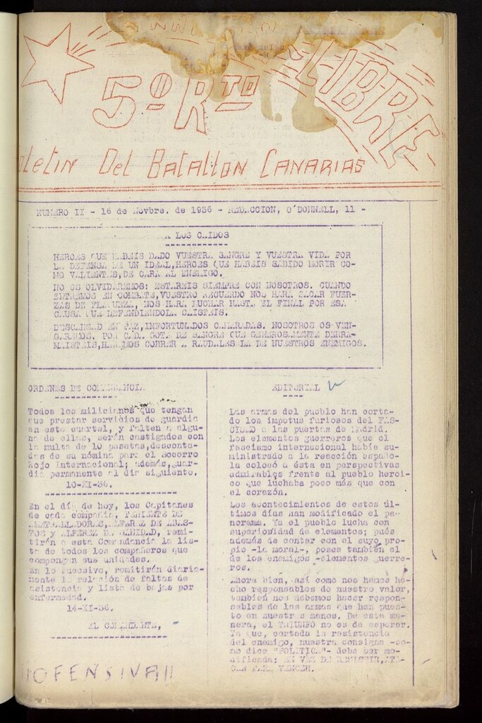 Miniatura de Canarias Libre : Boletín del Batallón Canarias, 5º Rto. [texto mecanografiado]