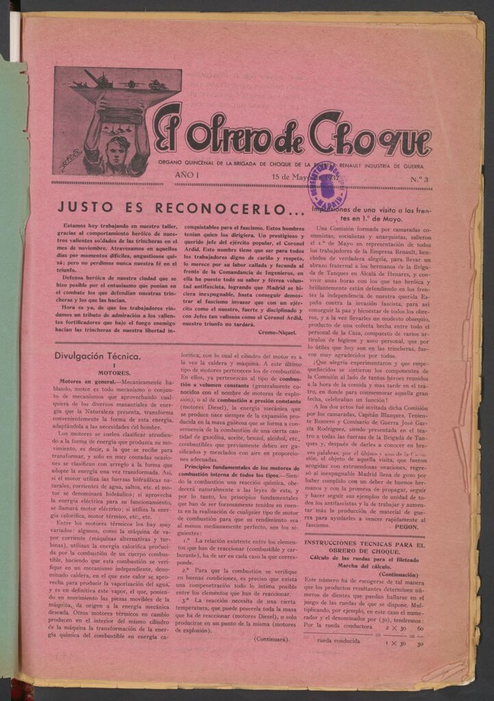 Miniatura de El obrero de choque : órgano quincenal de la Brigada de choque de la Empresa Renault Industria de Guerra