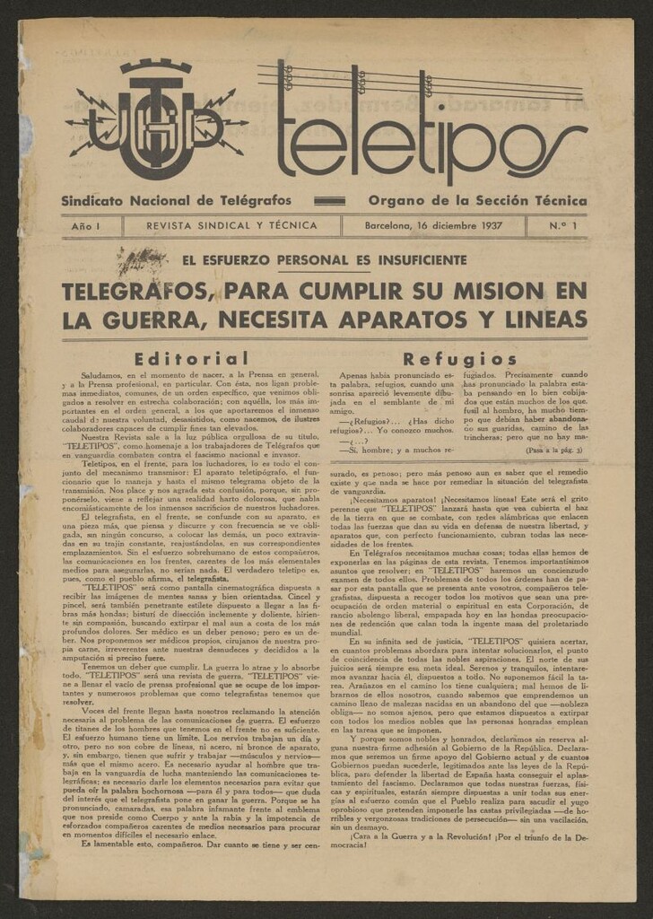 Miniatura de Teletipos : sindicato nacional de telégrafos : órgano de la sección técnica de Barcelona