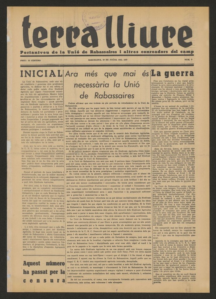 Miniatura de Terra Lliure : portantveu de la Unió de Rabassaires i altres conreadors del camp