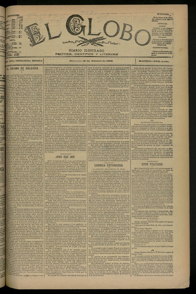 Miniatura de El Globo : diario ilustrado del 13 de octubre de 1886, nº 4001