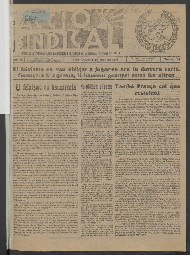 Miniatura de Acció Sindical: organ de la Federació Local de Sindicats i portantveu de la Comarcal Alt Camp