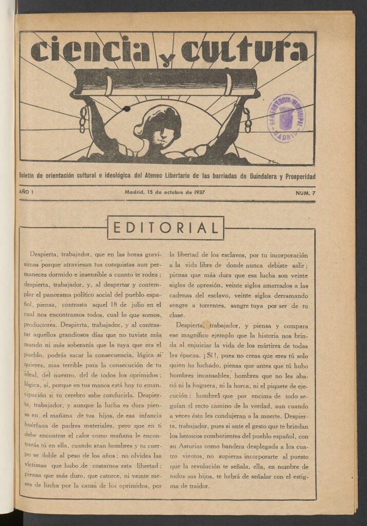 Miniatura de Ciencia y Cultura : boletín de orientación cultural e ideológica del Ateneo Libertario de las barricadas de Guindalera y Prosperidad