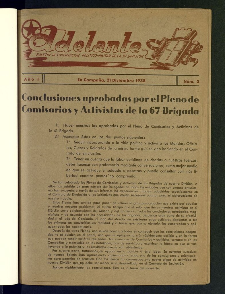 Miniatura de Adelante : Boletín de Orientación Político Militar de la IV División