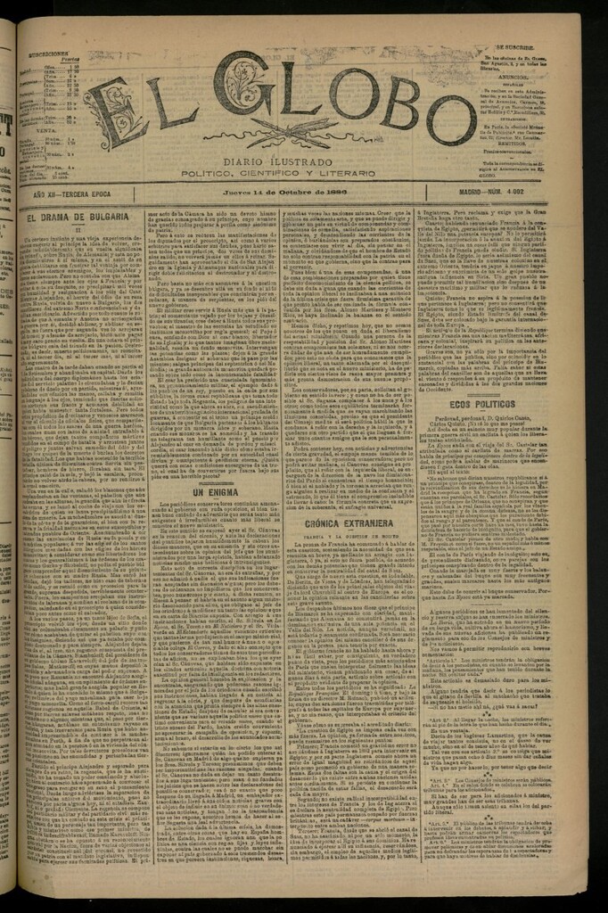 Miniatura de El Globo : diario ilustrado del 14 de octubre de 1886, nº 4002
