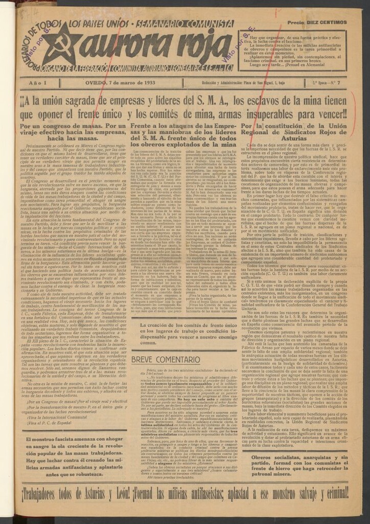 Miniatura de Aurora Roja : Organo de la Federación Comunista Asturiano-Leonesa (PCE, Sección española de la IC)
