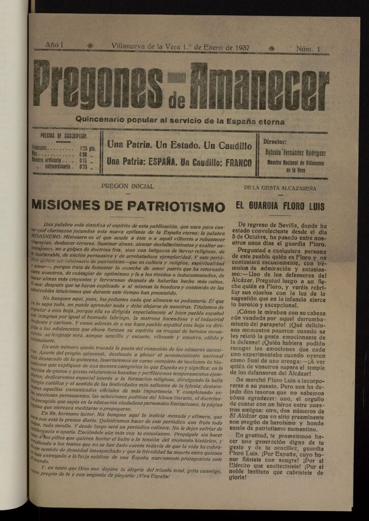 Miniatura de Pregones de amanecer : quincenario popular al servicio de la España eterna