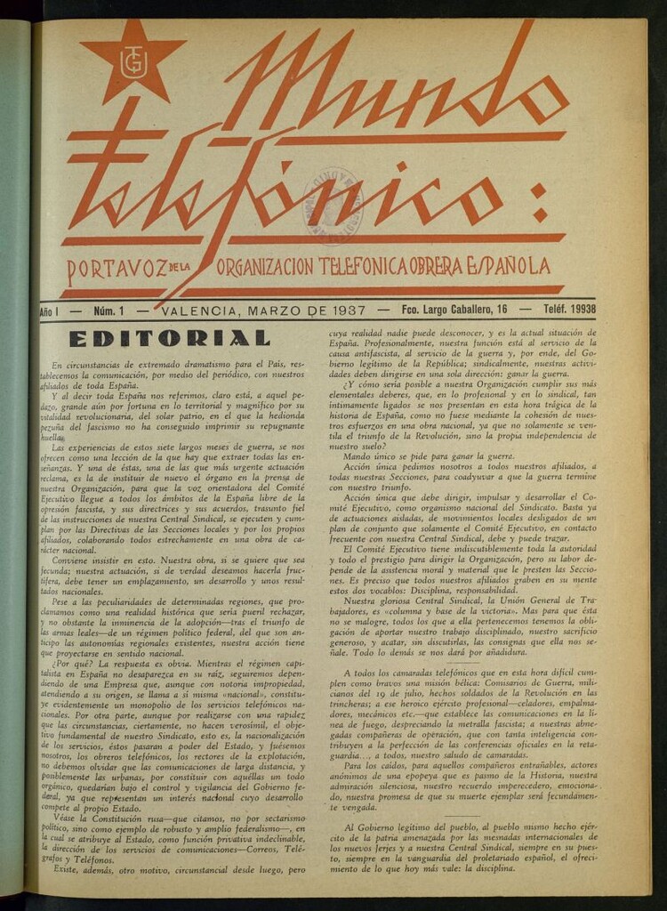 Miniatura de Mundo telefónico : portavoz de la Organización Telefónica Obrera Española