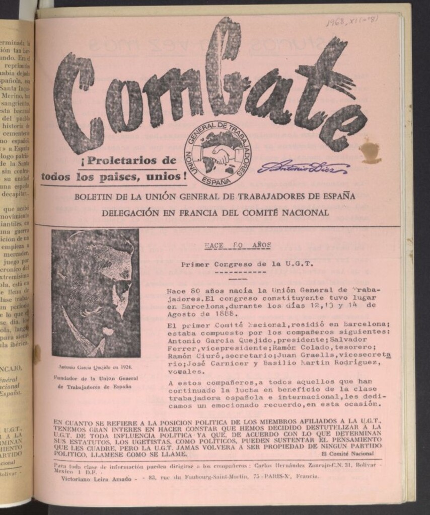 Miniatura de Combate. Unión General de Trabajadores : Boletín de la Unión General de Trabajadores de España