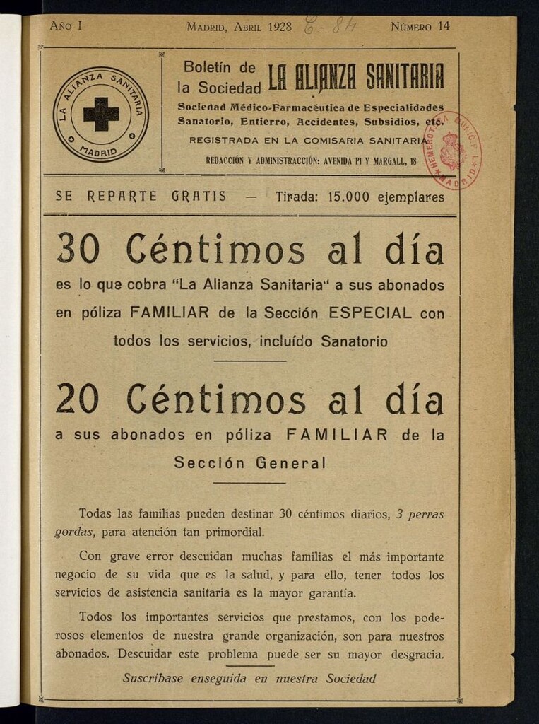 Miniatura de Boletín de la Sociedad La Alianza Sanitaria : Sociedad Médico-Farmaceútica de Especialidades, Sanatorio, Accidentes, Subsidios, etc....