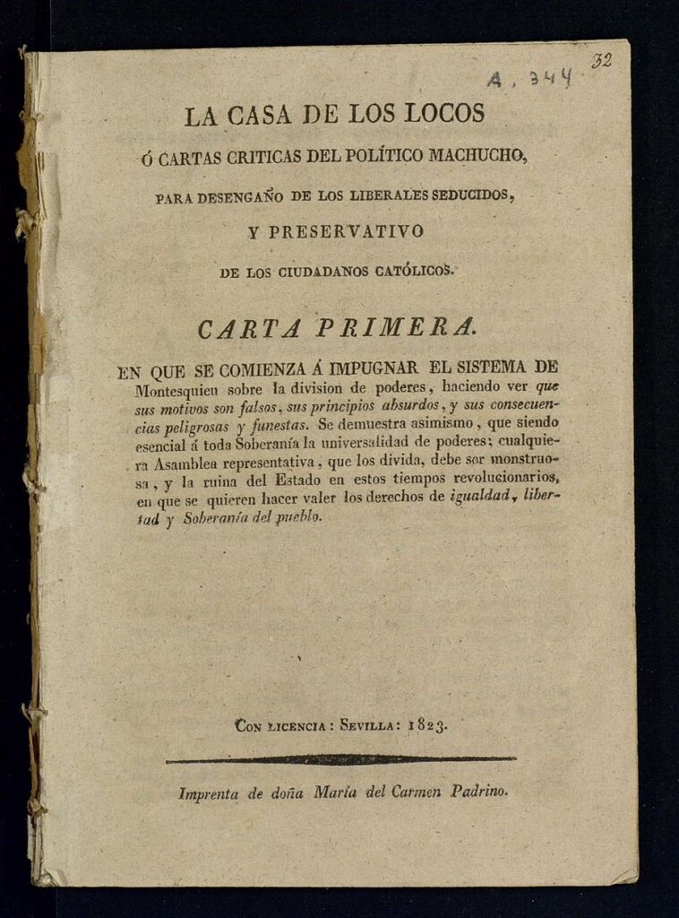 Miniatura de Casa de los locos o cartas críticas del politico machucho, para desengaño de los liberales seducidos y preservativo de los ciudadanos católicos