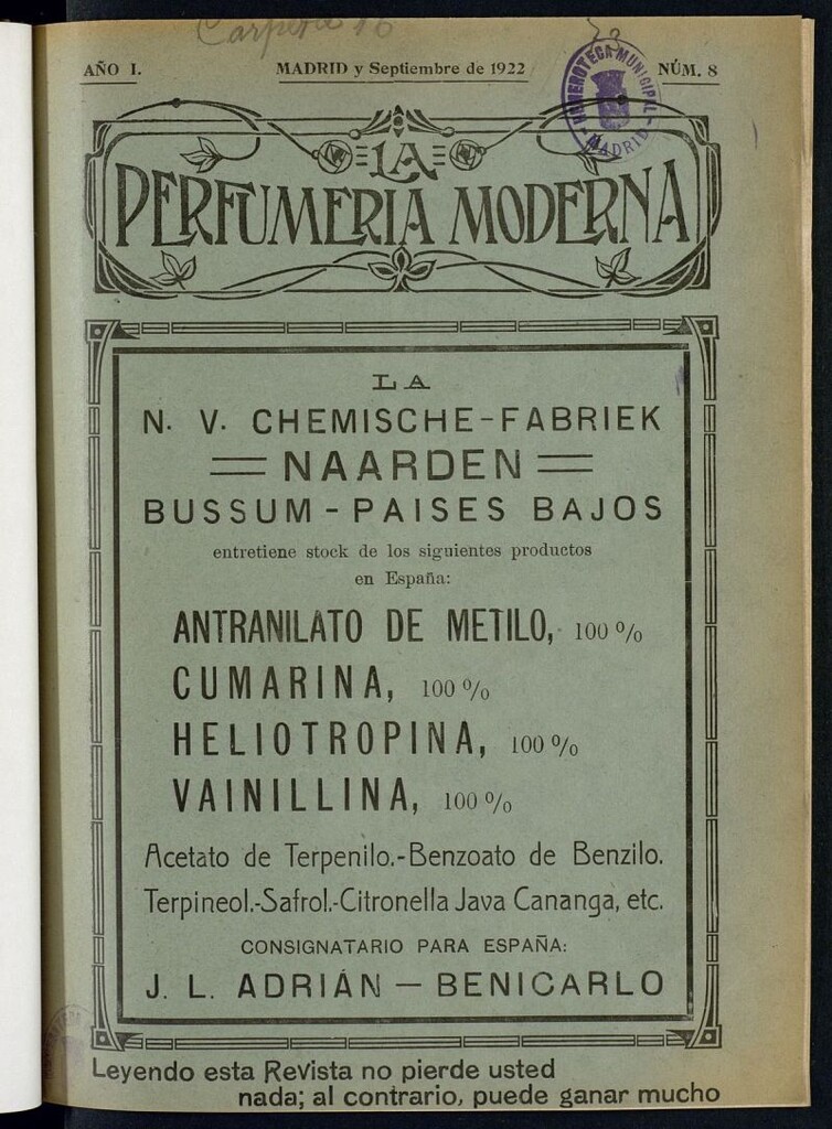Miniatura de La Perfumería Moderna : revista mensual de perfumería, jabonería, licores e industrias similares