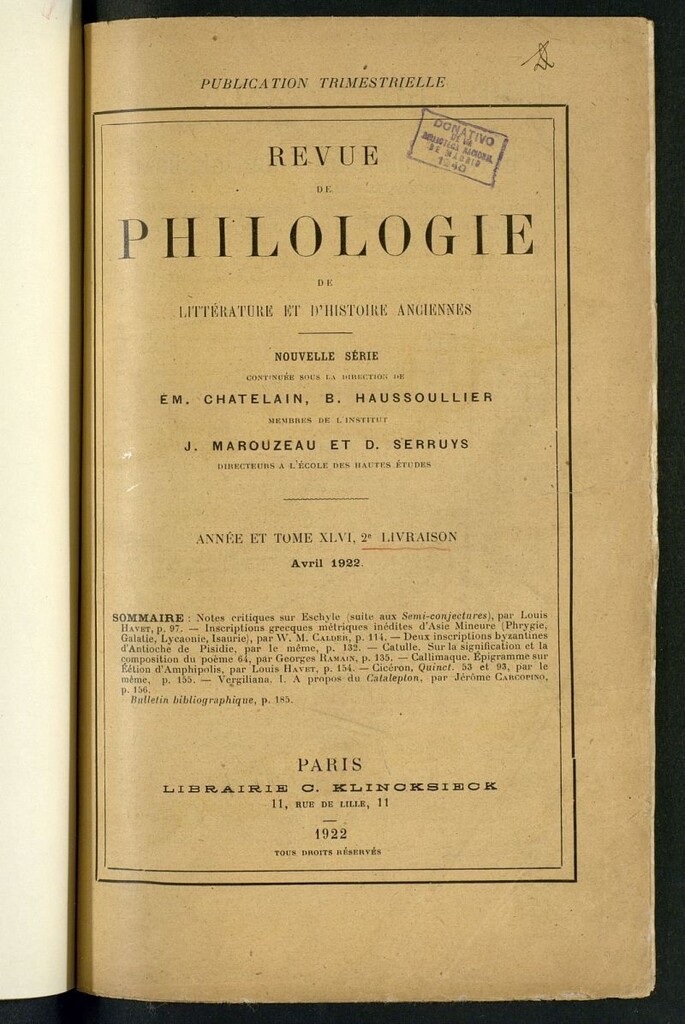Miniatura de Revue de philologie, de littérature et d´histoire anciennes