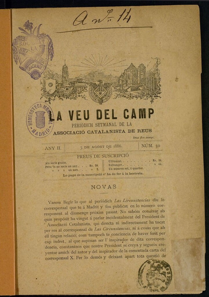 Miniatura de La Veu del Camp : periódich setmanal de la Associació Catalanista de Reus