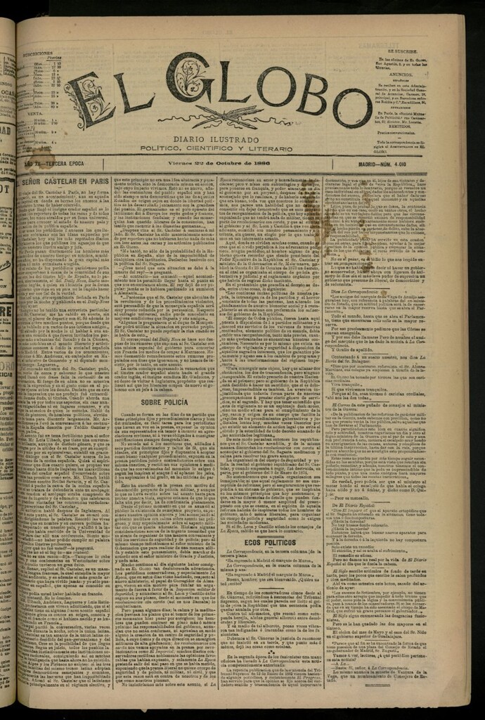 Miniatura de El Globo : diario ilustrado del 22 de octubre de 1886, nº 4010