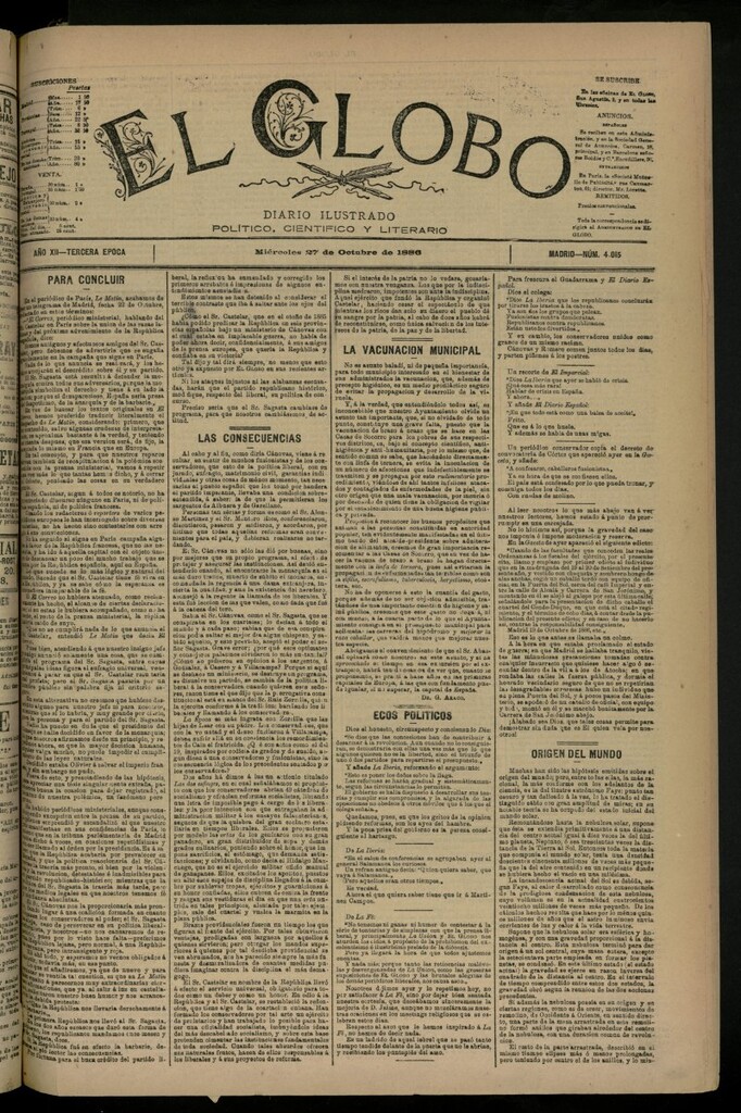 Miniatura de El Globo : diario ilustrado del 27 de octubre de 1886, nº 4015