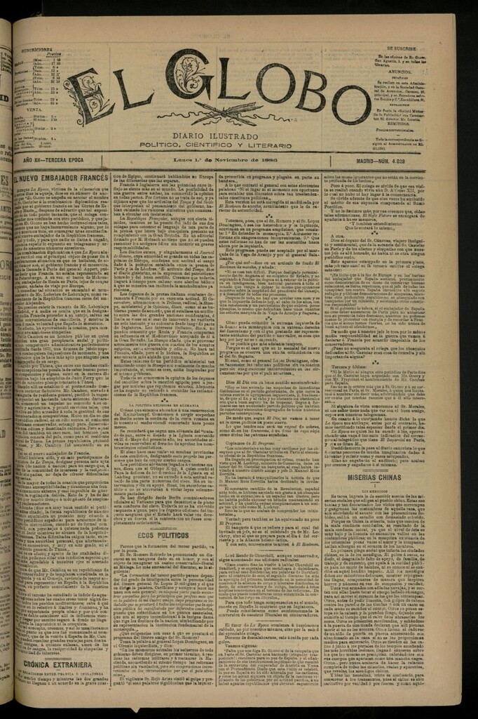 Miniatura de El Globo : diario ilustrado del 1 de noviembre de 1886, nº 4020