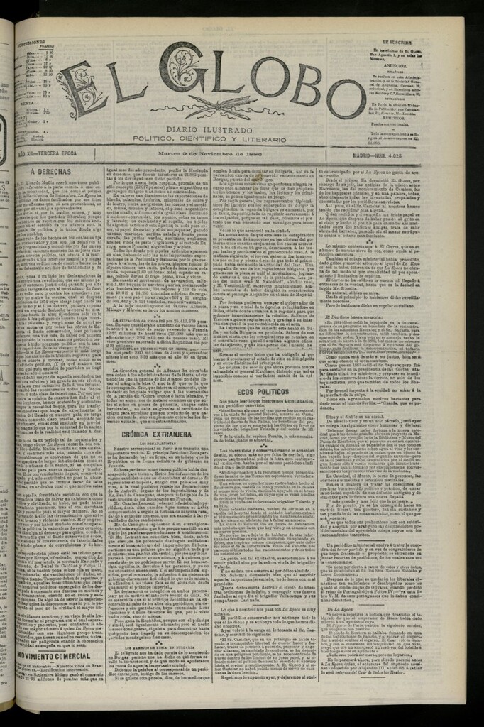 Miniatura de El Globo : diario ilustrado del 9 de noviembre de 1886, nº 4028