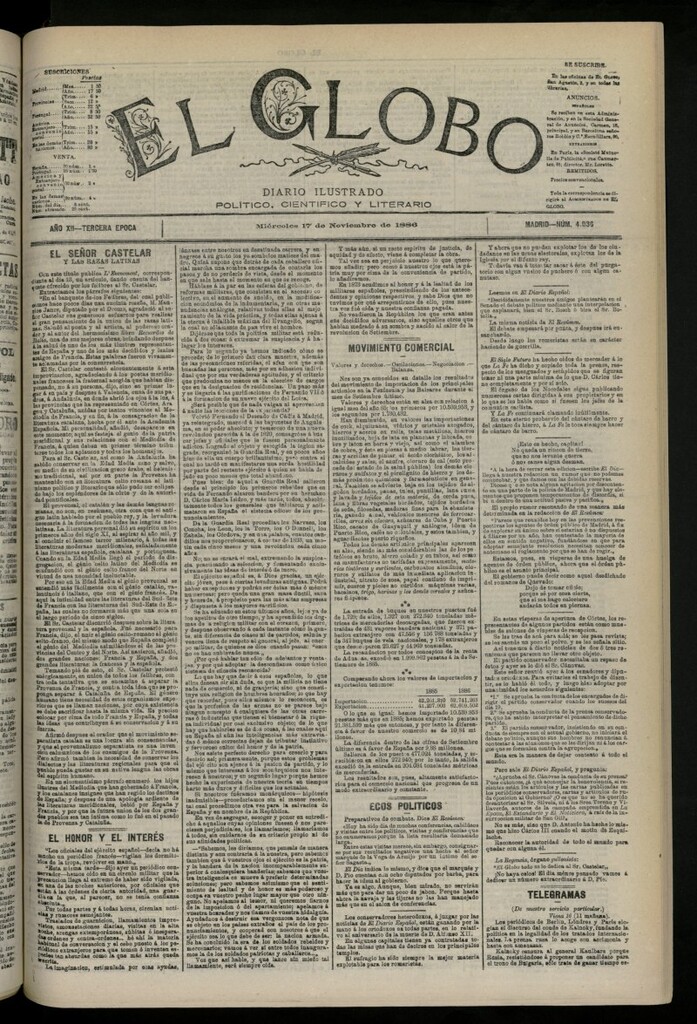 Miniatura de El Globo : diario ilustrado del 17 de noviembre de 1886, nº 4036
