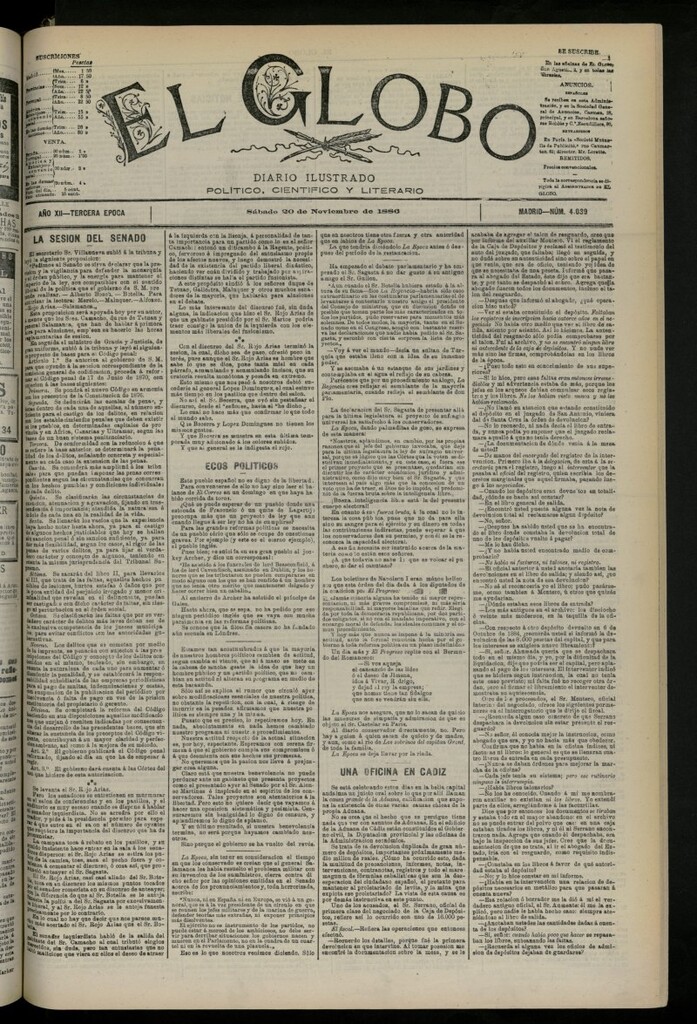 Miniatura de El Globo : diario ilustrado del 20 de noviembre de 1886, nº 4039