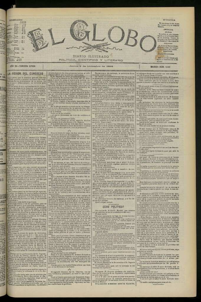 Miniatura de El Globo : diario ilustrado del 2 de diciembre de 1886, nº 4051