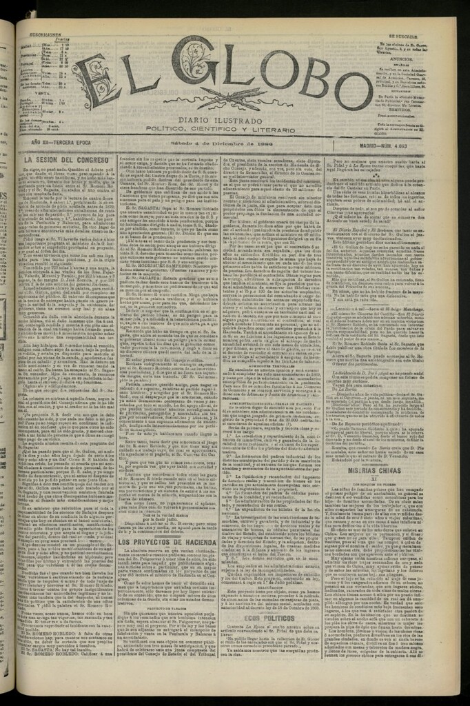 Miniatura de El Globo : diario ilustrado del 4 de diciembre de 1886, nº 4053