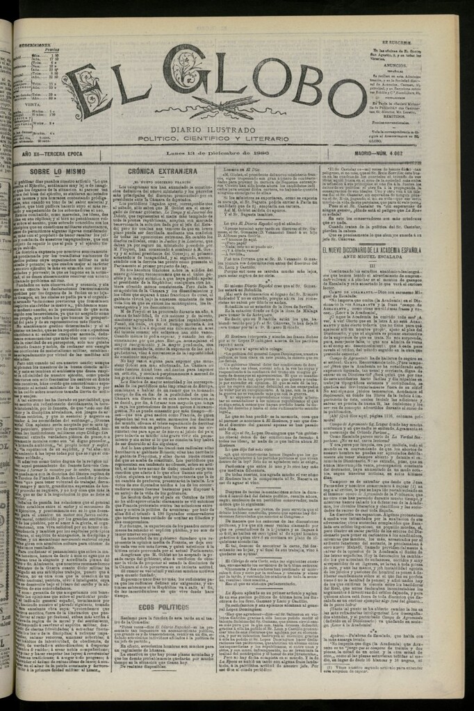 Miniatura de El Globo : diario ilustrado del 13 de diciembre de 1886, nº 4062