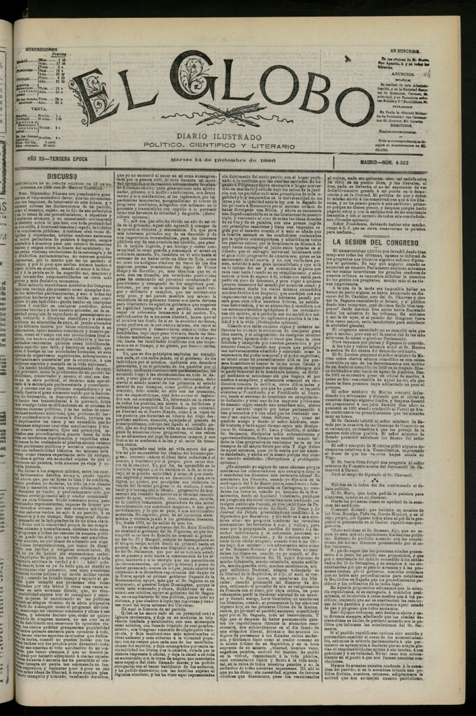 Miniatura de El Globo : diario ilustrado del 14 de diciembre de 1886, nº 4063