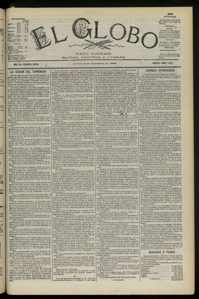 Miniatura de El Globo : diario ilustrado del 16 de diciembre de 1886, nº 4065
