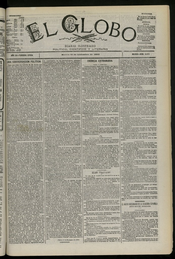 Miniatura de El Globo : diario ilustrado del 21 de diciembre de 1886, nº 4070