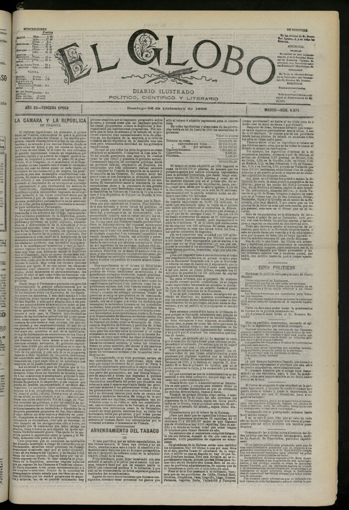 Miniatura de El Globo : diario ilustrado del 26 de diciembre de 1886, nº 4074