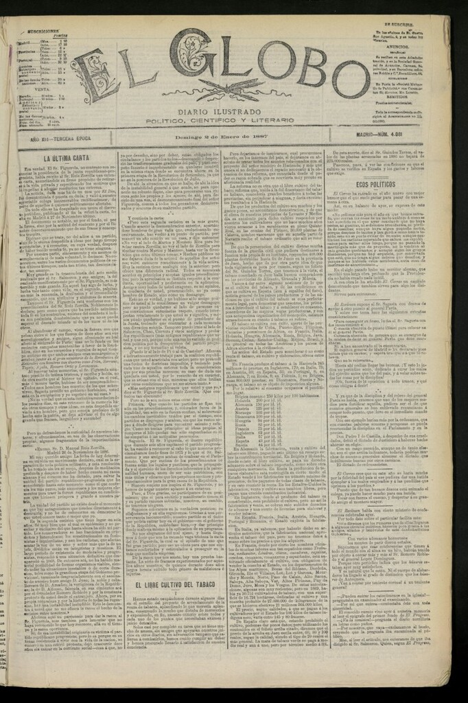 Miniatura de El Globo : diario ilustrado del 2 de enero de 1887, nº 4081