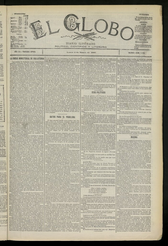 Miniatura de El Globo : diario ilustrado del 3 de enero de 1887, nº 4082