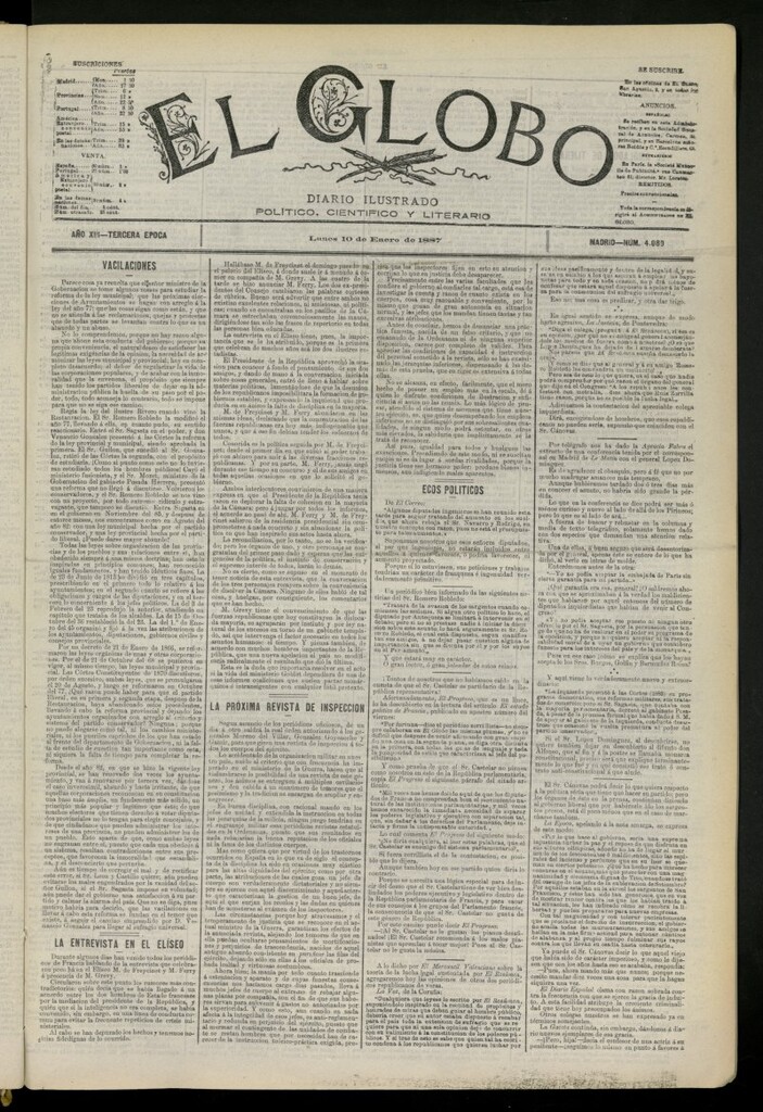 Miniatura de El Globo : diario ilustrado del 10 de enero de 1887, nº 4089