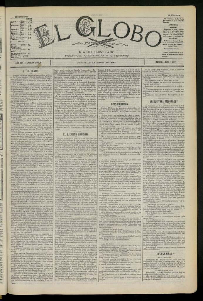 Miniatura de El Globo : diario ilustrado del 13 de enero de 1887, nº 4092